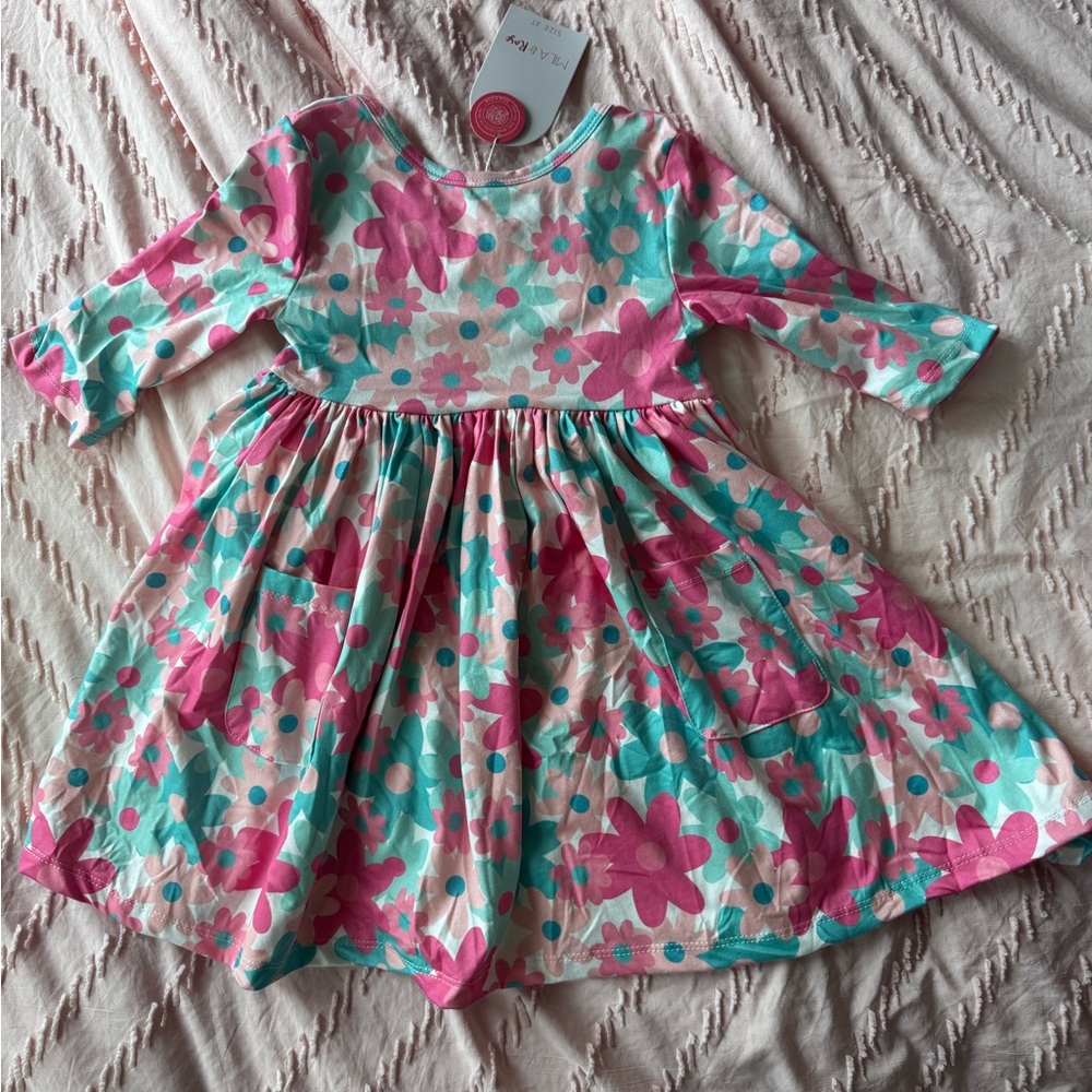 Pink and White Casual Sundress with Cuffed 3/4 Sleeves